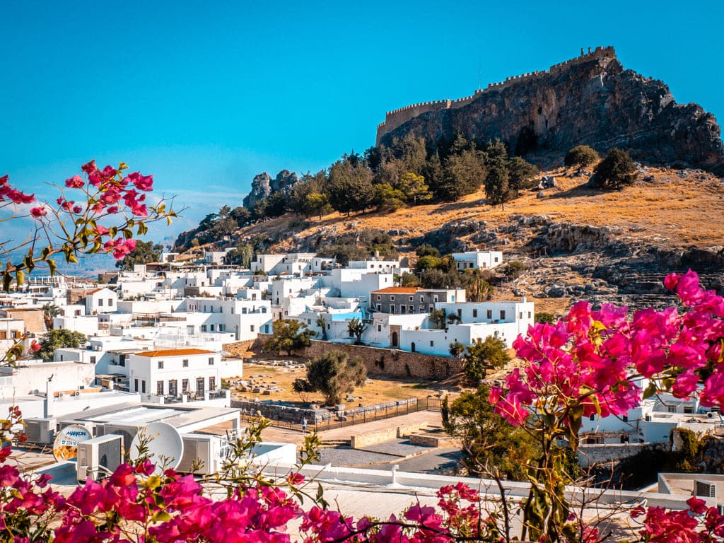 Lindos village Rhodes with Acropolis