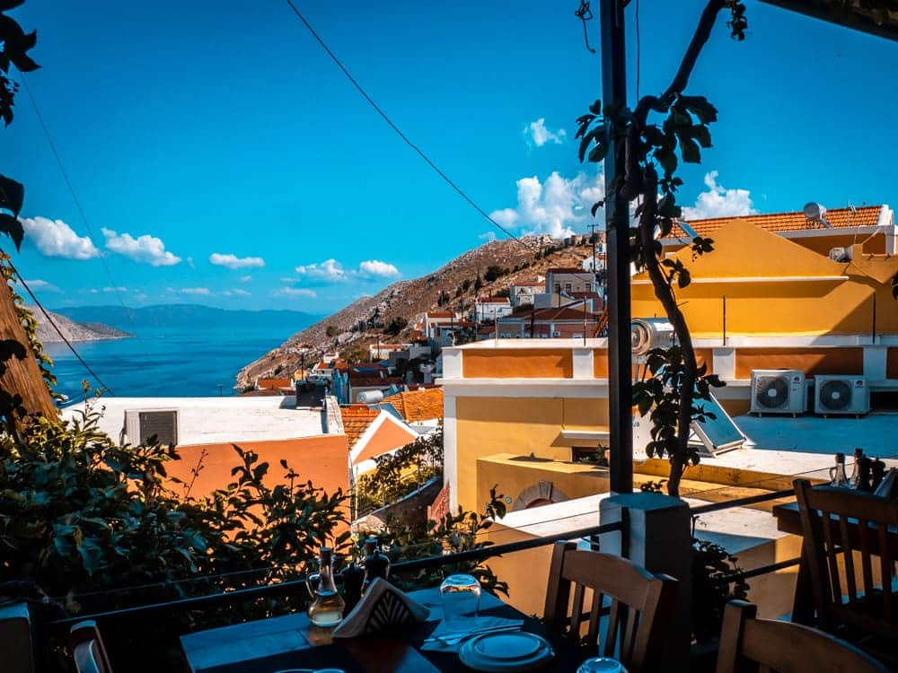 view from Kali Strata Restaurant Symi
